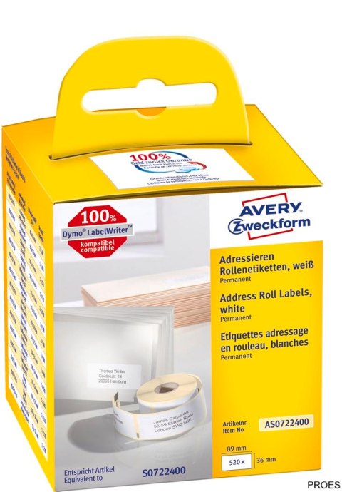 Etykiety adresowe AS0722400 36x89 520 et.x 2, w rolce do termodruku, białe, Avery Zweckform