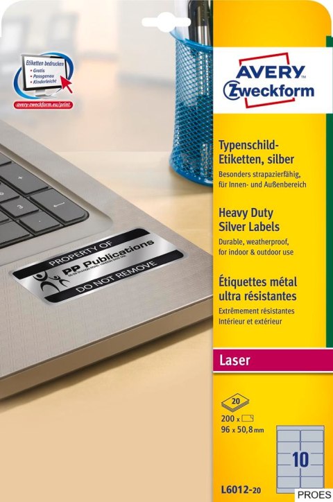 Etykiety znamionowe L6012-20 96 x 50,8 20 ark srebrne, poliestrowe, Avery Zweckform Etykiety znamionowe L6012-20 96 x 50,8 20 ark srebrne, poliestrowe, Avery Zweckform