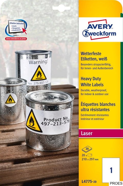 Etykiety Heavy Duty L4775-20 210x297 20 ark. poliestrowe Avery Zweckform Etykiety Heavy Duty L4775-20 210x297 20 ark. poliestrowe Avery Zweckform