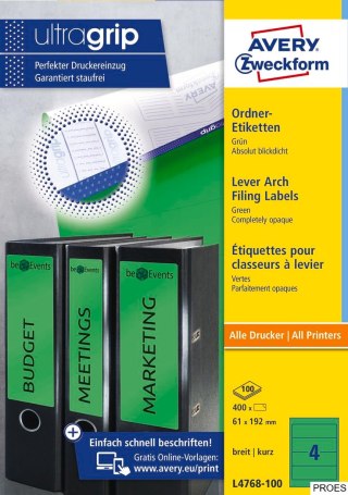 Etykiety na segregatory L4768-100 61x192 100 ark zielone, Avery Zweckform