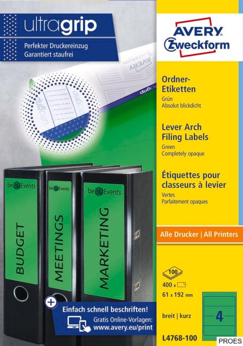 Etykiety na segregatory L4768-100 61x192 100 ark zielone, Avery Zweckform