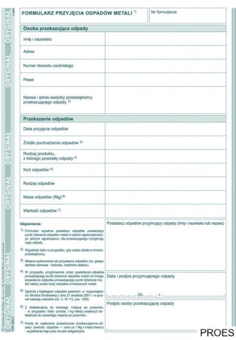 E-03-3 Formularz przyjęcia odpadów metali MICHALCZYK&PROKOP A5 80 kartek