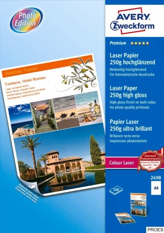 Papier wysokobłyszczący 2498 210 x 297 100ark obustronnie powlekany, 250g, biały, Avery Zweckform (X)