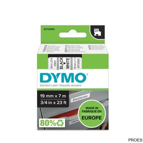 Taśma DYMO D1 - 19 mm x 7 m, czarny / biały S0720830 do drukarek etykiet Taśma DYMO D1 - 19 mm x 7 m, czarny / biały S0720830 do drukarek etykiet