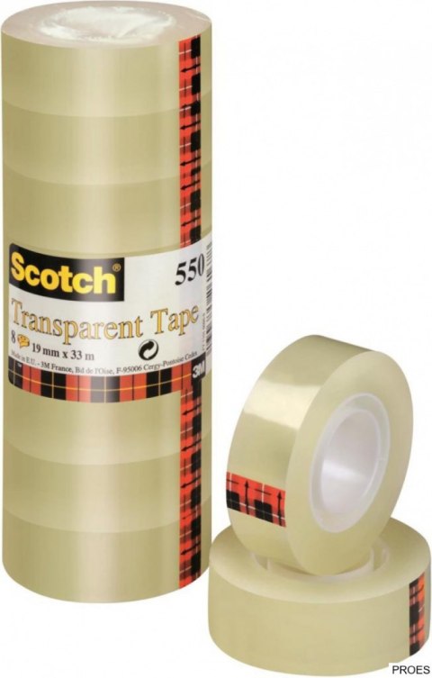 Taśma biurowa SCOTCH (550), 19mm, 33m, w folii, 8szt., transparentna Taśma biurowa SCOTCH (550), 19mm, 33m, w folii, 8szt., transparentna