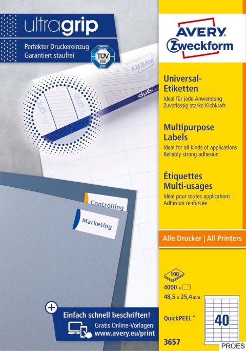 Etykiety uniwersalne 3657 48,5 x 25,4 100ark. trwałe, Avery Zweckform (X) Etykiety uniwersalne 3657 48,5 x 25,4 100ark. trwałe, Avery Zweckform (X)