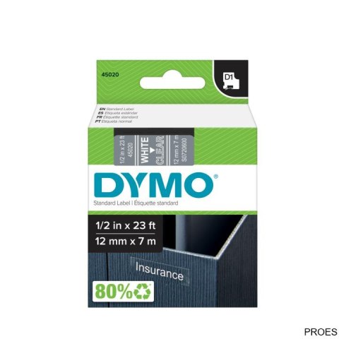 Taśma DYMO D1 - 12mm x 7 m, biały / przezroczysty S0720600 do drukarek etykiet (X) Taśma DYMO D1 - 12mm x 7 m, biały / przezroczysty S0720600 do drukarek etykiet (X)
