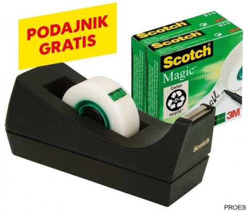 Taśma biurowa SCOTCH_ Magic_ (SM3-12), matowa, z dyspenserem, 19mm, 33m, 3szt., podajnik C-38 czarny GRATIS Taśma biurowa SCOTCH_ Magic_ (SM3-12), matowa, z dyspenserem, 19mm, 33m, 3szt., podajnik C-38 czarny GRATIS