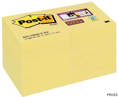 Bloczek samoprzylepny POST-IT_ Super Sticky (622-12SSCY-EU), 46,7x46,7 mm, 12x90 kart., żółty
