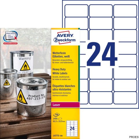 Etykiety Heavy Duty L4773-100 63,5x33,9 100 ark trwałe, białe, poliestrowe, Avery Zweckform Etykiety Heavy Duty L4773-100 63,5x33,9 100 ark trwałe, białe, poliestrowe, Avery Zweckform