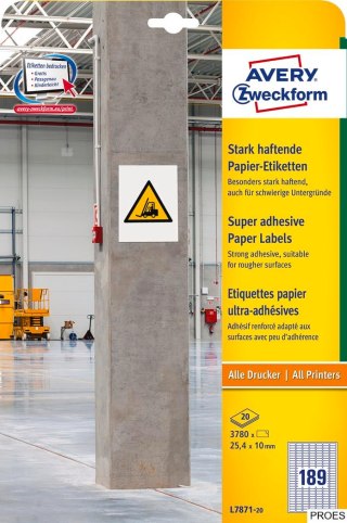 Et.do trudnych powierzchni L7871-20 25,4x10 20ar papierowe, białe, Avery Zweckform