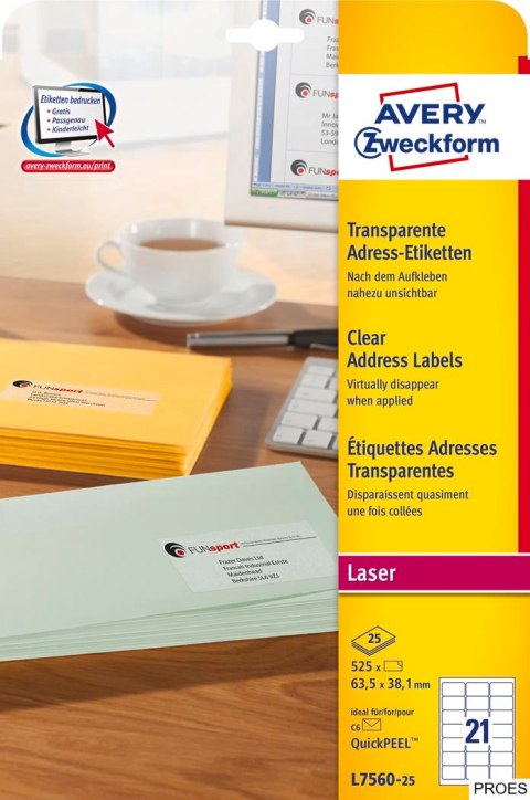 Etykiety adresowe L7560-25 63,5 x 38,1 25 ark przezroczyste, Avery Zweckform