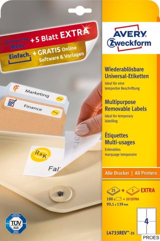 Etykiety uniwersalne L4733REV-25 99,1x139 30 ark Usuwalne, Avery Zweckform
