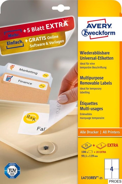 Etykiety uniwersalne L4733REV-25 99,1x139 30 ark Usuwalne, Avery Zweckform Etykiety uniwersalne L4733REV-25 99,1x139 30 ark Usuwalne, Avery Zweckform