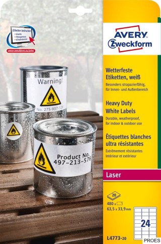 Etykiety Heavy Duty L4773-20 63,5 x 33,9 20 ark. trwałe, białe, poliestrowe, Avery Zweckform