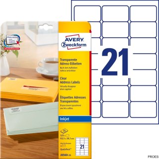 Etykiety adresowe J8560-25 63,5 x 38,1 25 ark. przezroczyste, Avery Zweckform (X)