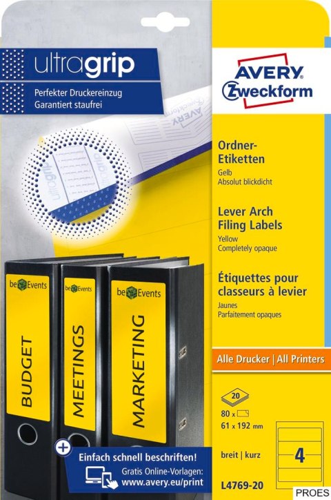 Etykiety na segregatory L4769-20 61 x 192 20 ark żółte, Avery Zweckform (X)