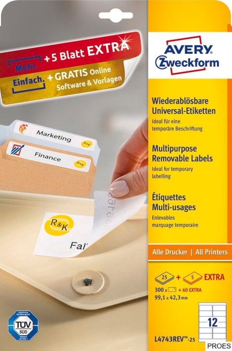 Etykiety uniwersalne L4743REV-25 99,1x42,3 30ark Usuwalne, Avery Zweckform Etykiety uniwersalne L4743REV-25 99,1x42,3 30ark Usuwalne, Avery Zweckform