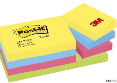 Bloczek samoprzylepny POST-IT (653-TFEN), 38x51mm, 12x100 kart., ENERGETIC