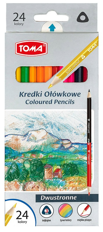 Kredki szkolne TRÓJKĄTNE drewniane 2-stronne 18cm - 24 kolorowe mix TO-542 Toma