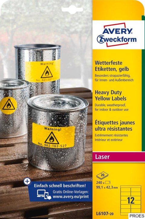 Etykiety Heavy Duty L6107-20 99,1 x 42,3 20 ark trwałe, żółte, poliestrowe, Avery Zweckform Etykiety Heavy Duty L6107-20 99,1 x 42,3 20 ark trwałe, żółte, poliestrowe, Avery Zweckform