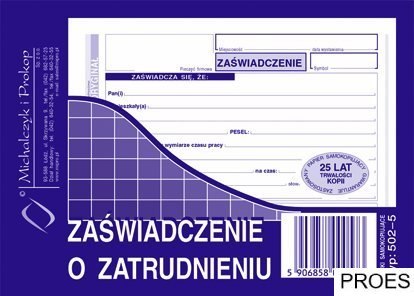 502-5 Zaświadczenie o zatrudnieniu MICHALCZYK&PROKOP A6 80 kartek 502-5 Zaświadczenie o zatrudnieniu MICHALCZYK&PROKOP A6 80 kartek