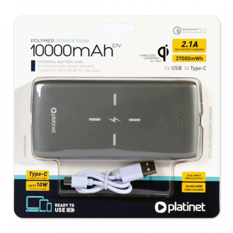Powerbank, przenośna ładowarka Platinet QI WIRELESS CHARGING 10W Type-C PD Quick Charge 3.0 10000 mAh PMPB10QIBP