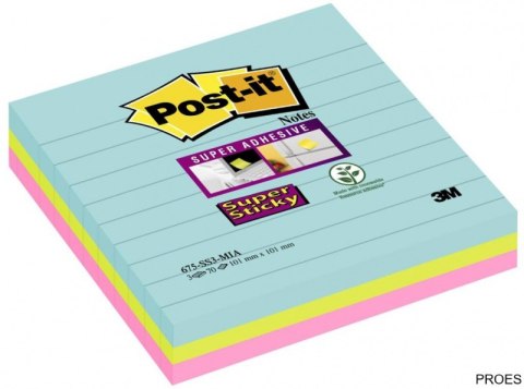 Bloczek samoprzylepny POST-IT_ Super Sticky w linie, (675-SS3-MIA), 101x101mm, 3x70 kart., paleta Miami