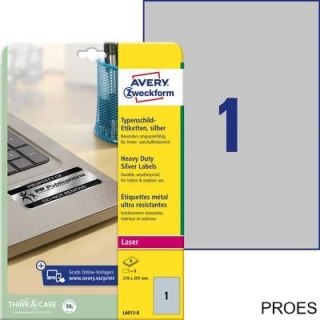 Etykiety znamionowe srebrne, A4, 8 ark./op., 210 x 297 mm, srebrne, poliestrowe, AVERY ZWECKFORM, L6013-8