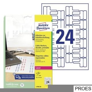 Etykiety do oznaczania kabli, A4, 20 ark/op., 60 x 40 mm, białe, AVERY ZWECKFORM, L7950-20