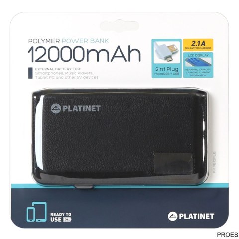 Powerbank, przenośna ładowarka Platinet 12000mAh 2,1A polymer USB + LCD BLACK PMPB12PLB