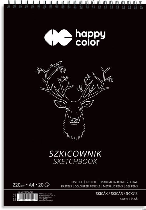 Szkicownik na spirali CZARNY A4, 20 ark, 220g, Happy Color HA 3822 2030-C20