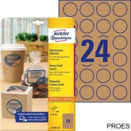 Brązowe etykiety na produkty, A4, 25 ark./op., Q40 mm, okrągłe, AVERY ZWECKFORM, L7105-25