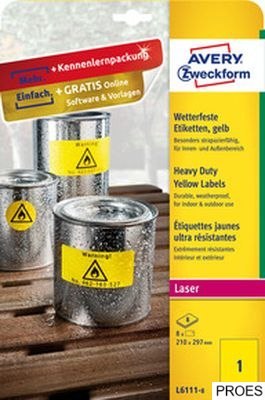 Etykiety Heavy Duty, A4, 8 ark./op., 210 x 297 mm, żółte, poliestrowe, AVERY ZWECKFORM, L6111-8