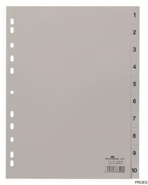 Przekładki PP A4 szare, nadr. indeks, 1-10, 1 0 części Szary 651110 DURABLE Przekładki PP A4 szare, nadr. indeks, 1-10, 1 0 części Szary 651110 DURABLE