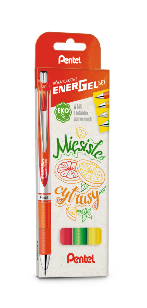 Pióro kulkowe ENERGEL 0,7 mm, kpl.4 kolory MIĘSISTE CYTRUSY BL77-ST4BFGKPL PENTEL Pióro kulkowe ENERGEL 0,7 mm, kpl.4 kolory MIĘSISTE CYTRUSY BL77-ST4BFGKPL PENTEL
