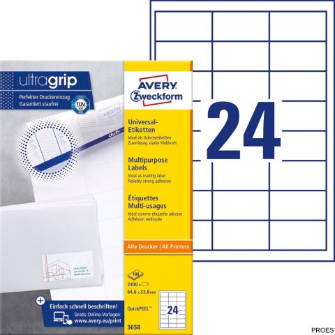 Etykiety uniwersalne 3658 64,6 x 33,8 100 ark trwałe, Avery Zweckform Etykiety uniwersalne 3658 64,6 x 33,8 100 ark trwałe, Avery Zweckform