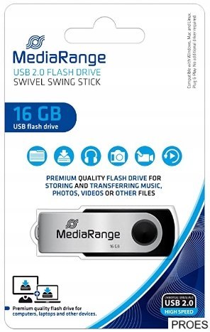 Pamięć Pendrive MediaRange 16GB USB 2.0, obracany, srebrno-czarny, MR910