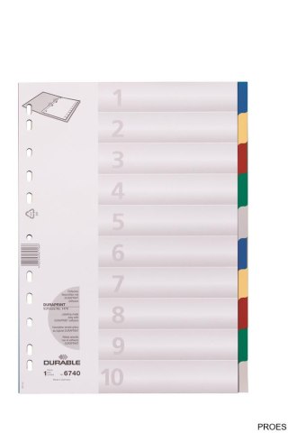 Przekładki PP A4, kolorowe indeksy, 10 części Pięciokolorowy 674027 DURABLE
