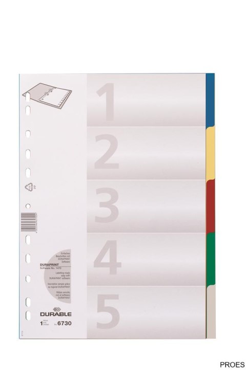 Przekładki PP A4, kolorowe indeksy, 5 części Pięciokolorowy 673027 DURABLE Przekładki PP A4, kolorowe indeksy, 5 części Pięciokolorowy 673027 DURABLE
