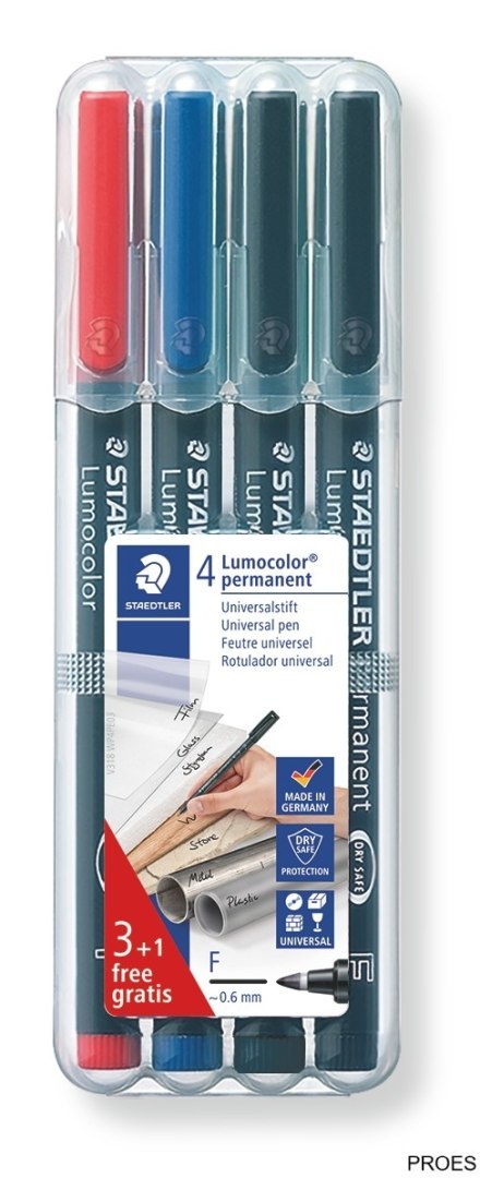 Foliopis Lumocolor, F, wodoodporny, zestaw 3+1 gratis 3 kol. (2, 3, 9) w etui box, Staedtler S 318 WP4P