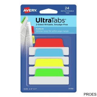 Ultra Tabs - samoprzylepne zakładki indeksujące, kolorowe, klasyczne, 63,5x25, 24 szt., Avery Zweckform 74768