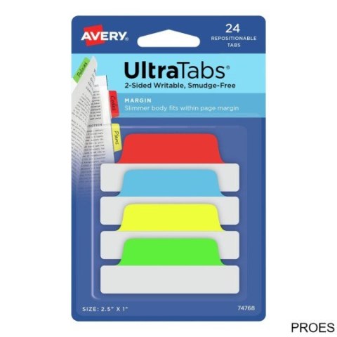 Ultra Tabs - samoprzylepne zakładki indeksujące, kolorowe, klasyczne, 63,5x25, 24 szt., Avery Zweckform 74768