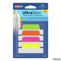 Ultra Tabs - samoprzylepne zakładki indeksujące, kolorowe, neonowe, 63,5x25, 24 szt., Avery Zweckform 74767