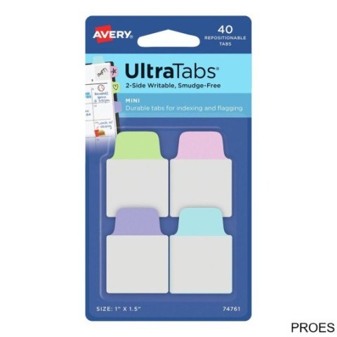 Ultra Tabs - samoprzylepne zakładki indeksujące, kolorowe, pastelowe, 25,4x38, 40 szt., Avery Zweckform 74761