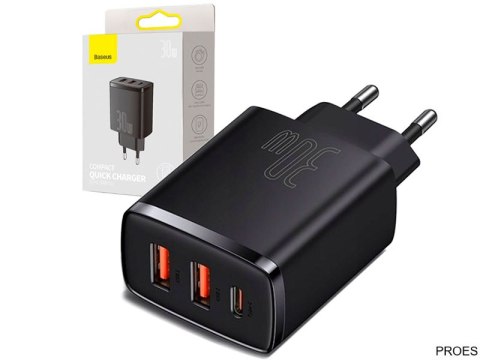 Ładowarka sieciowa BASEUS Compact Quick Charger, 2xUSB, USB-C, PD, 3A, 30W (CCXJ-E01) czarna BASADA47332