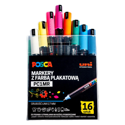 Markery z tuszem pigmentowym PC-1MR, komplet 16 sztuk POSCA UNPC1MR/16C Markery z tuszem pigmentowym PC-1MR, komplet 16 sztuk POSCA UNPC1MR/16C