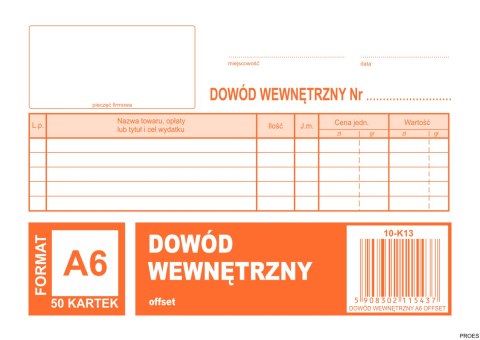 Dowód wewnetrzny A6, 50 kartek offset, 10-K13 DOTTS Dowód wewnetrzny A6, 50 kartek offset, 10-K13 DOTTS