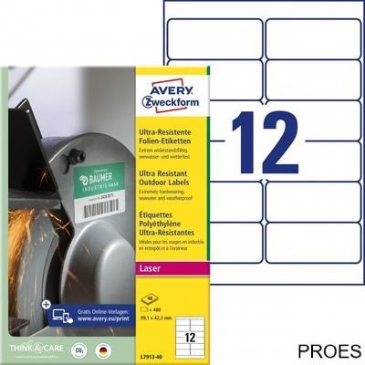 Etykiety polietylenowe ultra resistant, A4, 40 ark./op., 99,1x42,3mm, AVERY ZWECKFORM, L7913-40 Etykiety polietylenowe ultra resistant, A4, 40 ark./op., 99,1x42,3mm, AVERY ZWECKFORM, L7913-40