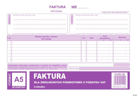 Faktura dla podatników zwolnionych z VAT A5, (o+1k) 80 kartek, 10-203-3E DOTTS Faktura dla podatników zwolnionych z VAT A5, (o+1k) 80 kartek, 10-203-3E DOTTS
